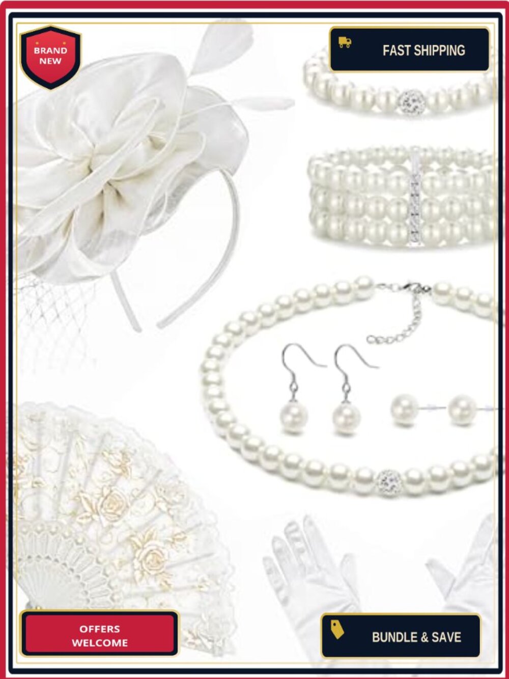Tea Party Costume Set Fascinator Hat Gloves Lace Fan Pearl Jewelry Accessories